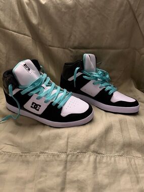 DC Black and White High-Top Sneakers with Teal Laces